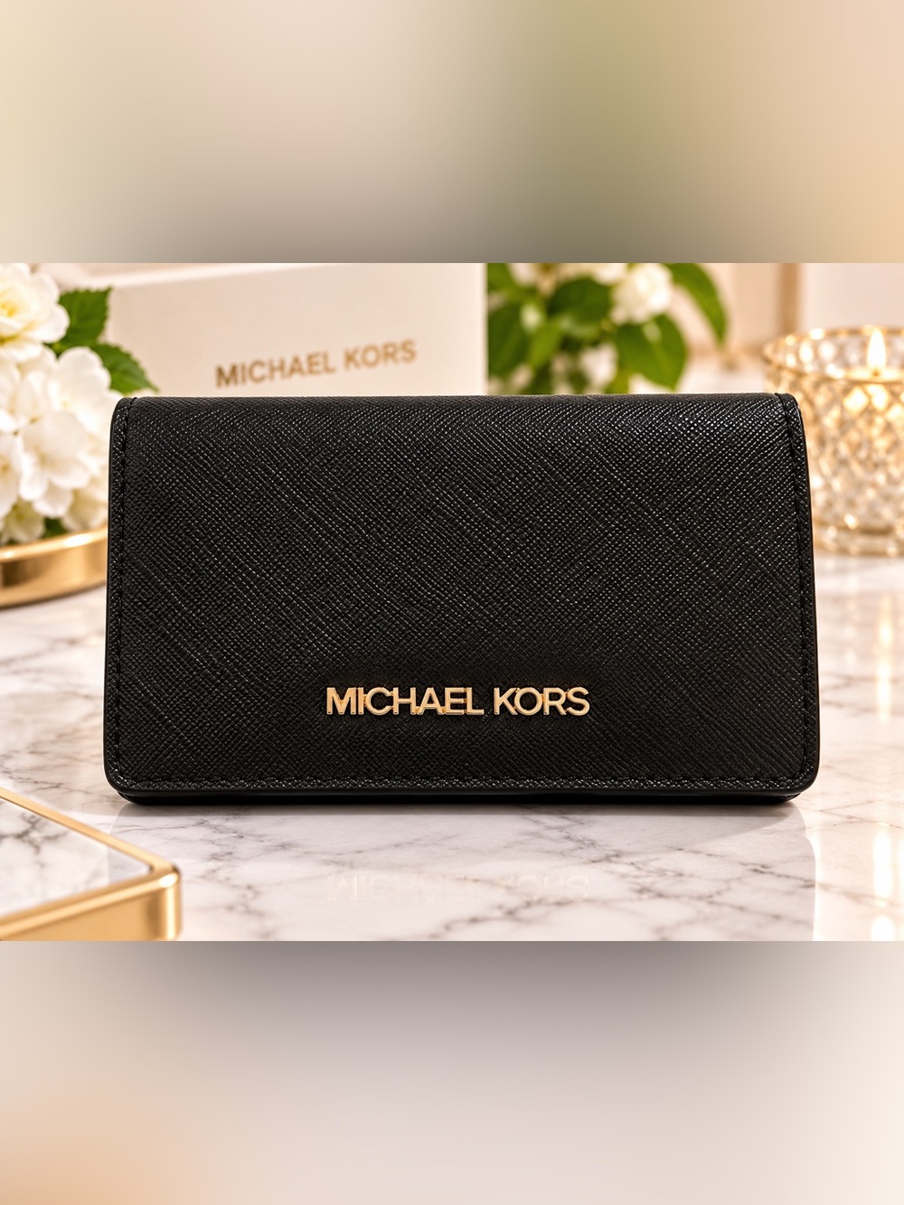 Michael Kors Black Leather Card Holder with Gold Logo